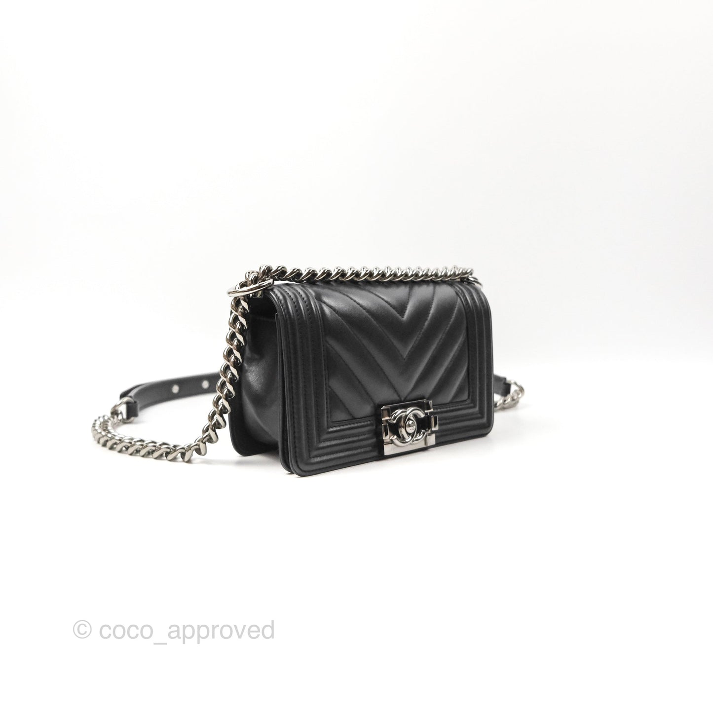 Chanel Small Chevron Boy Black Calfskin Silver Hardware