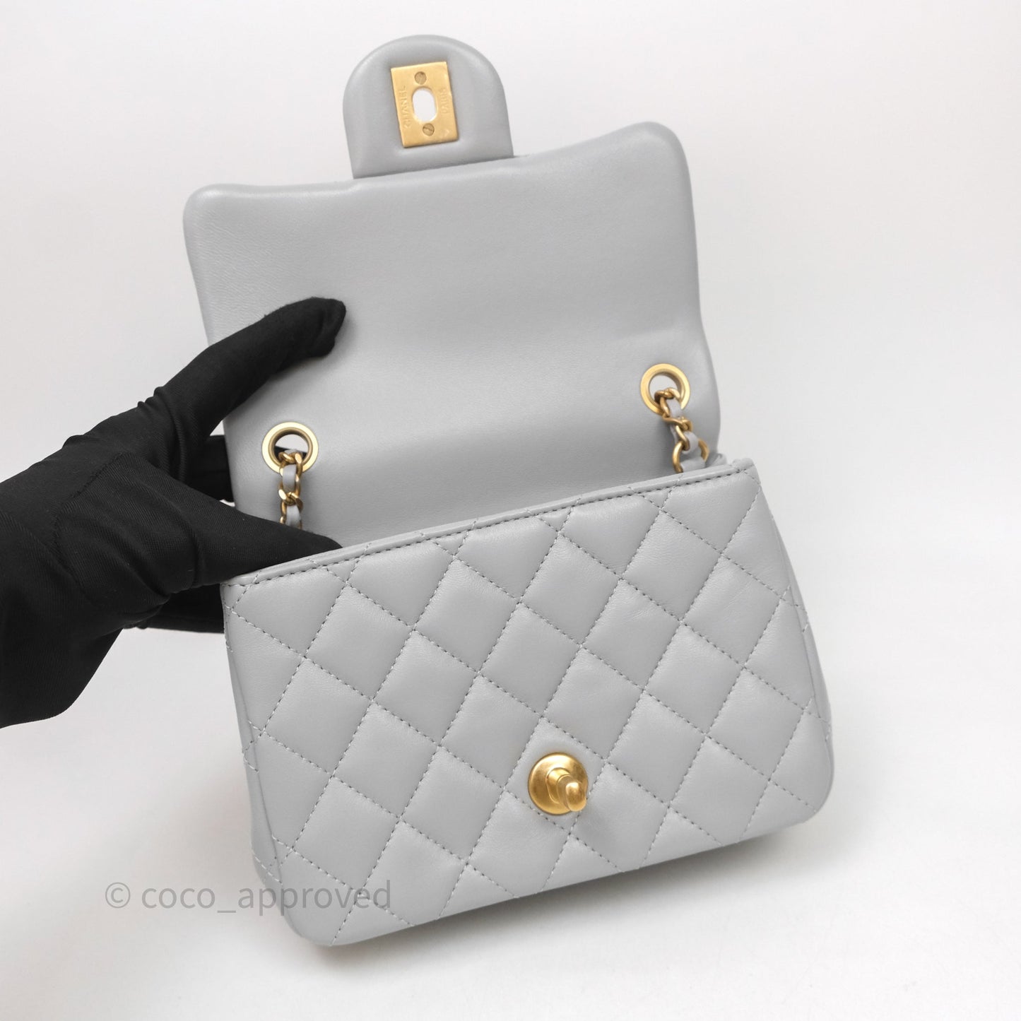 Chanel Pearl Crush Mini Square Quilted Grey Lambskin Aged Gold Hardware