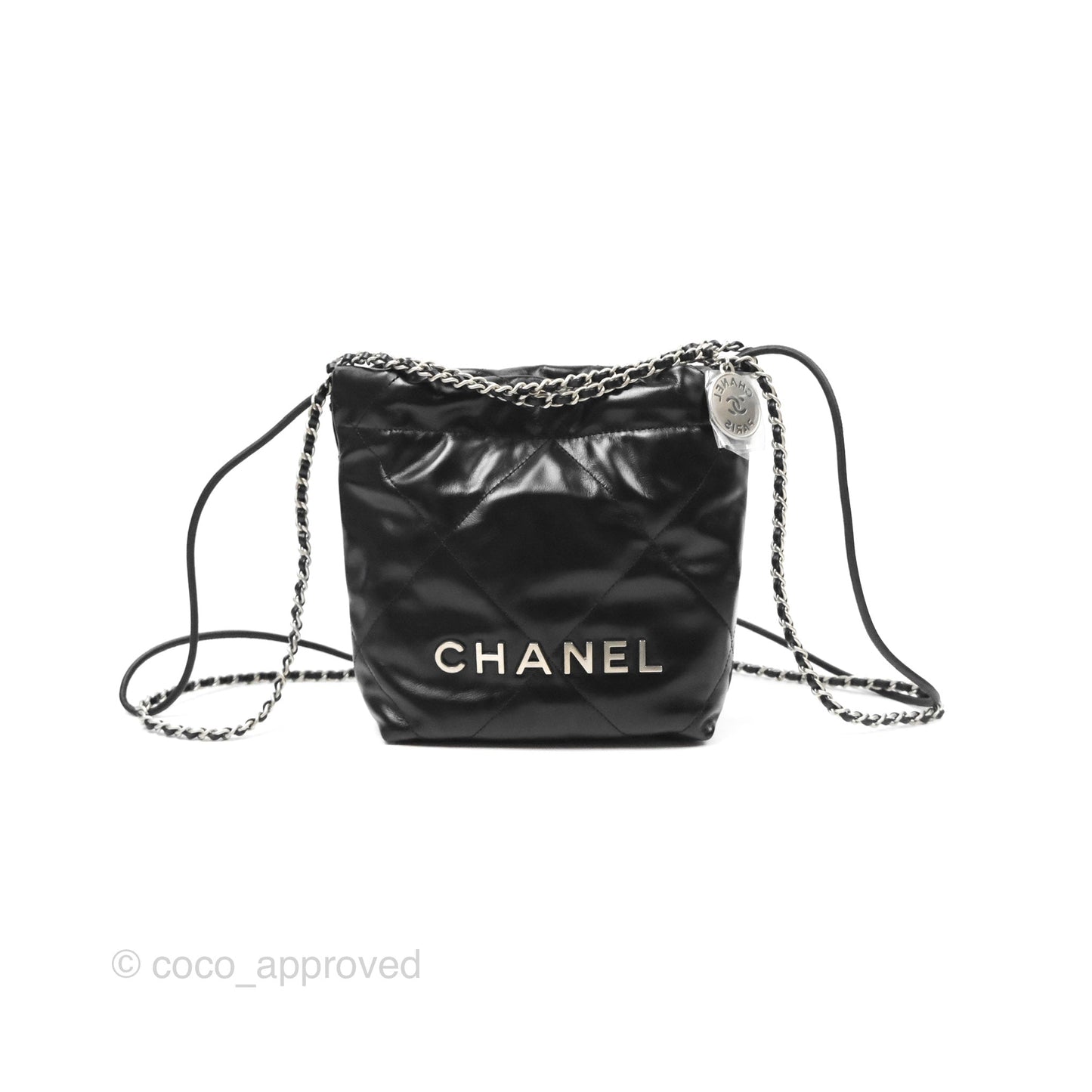 Chanel 22 Mini Bag Black Shiny Crumpled Calfskin Matte Silver Hardware