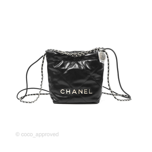 Chanel 22 Mini Bag Black Shiny Crumpled Calfskin Matte Silver Hardware