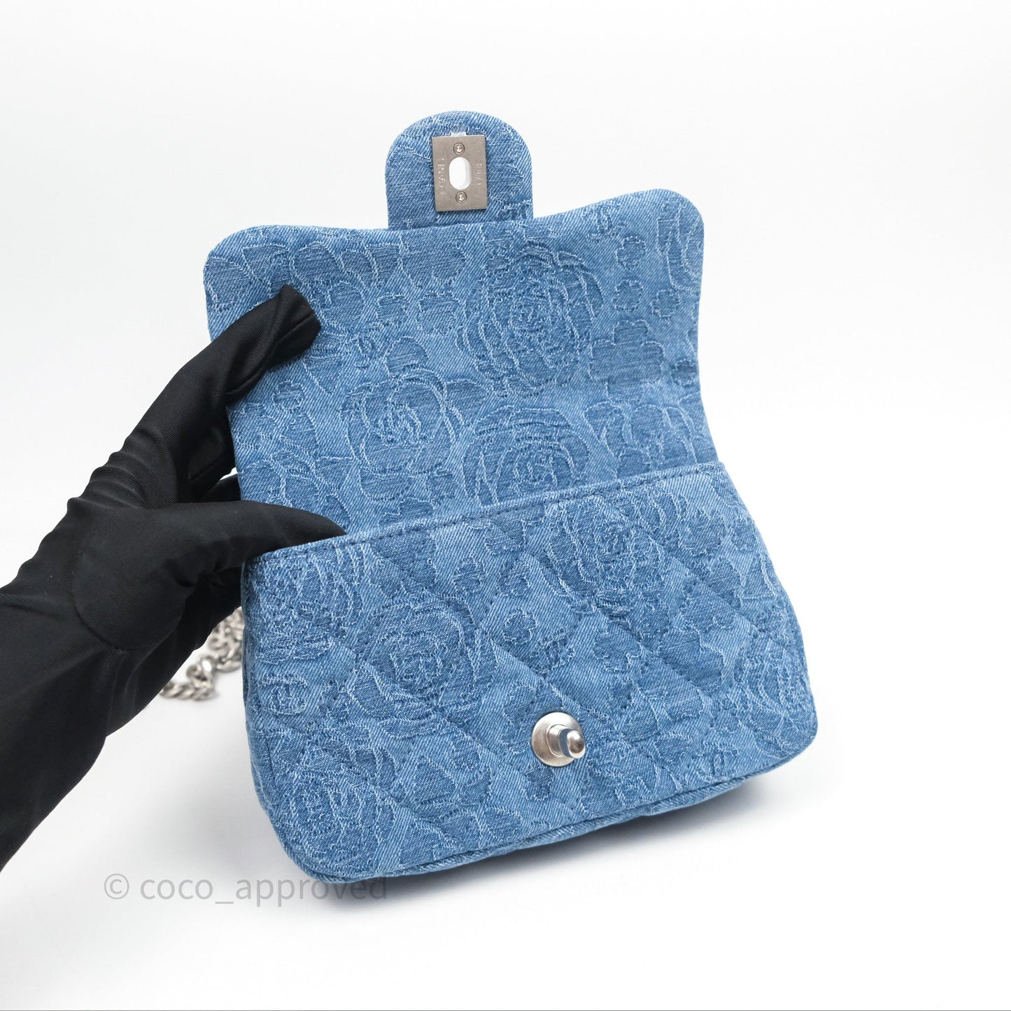 Chanel Quilted Camellia Printed Heart Crush Mini Flap Bag Blue Denim Aged Silver Hardware