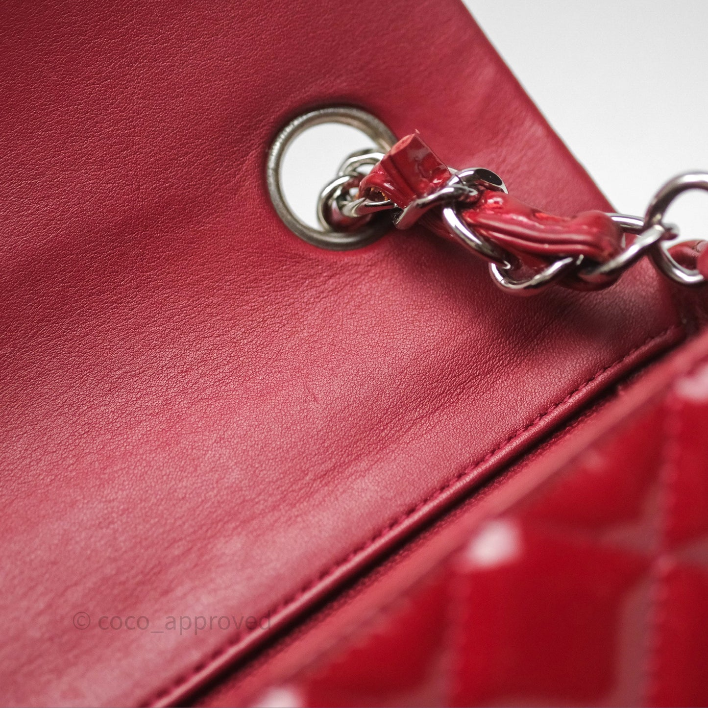 Chanel Quilted Mini Rectangular Flap Red Patent Silver Hardware