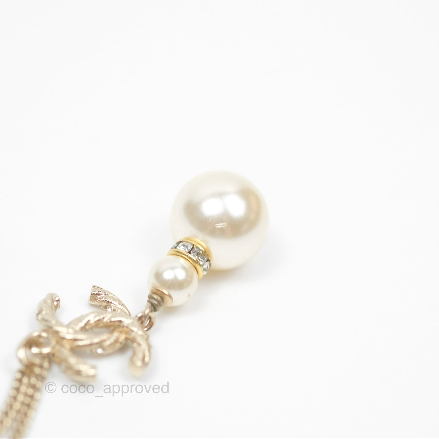 Chanel Crystal Pearl CC Drop Necklace Gold Tone 18B