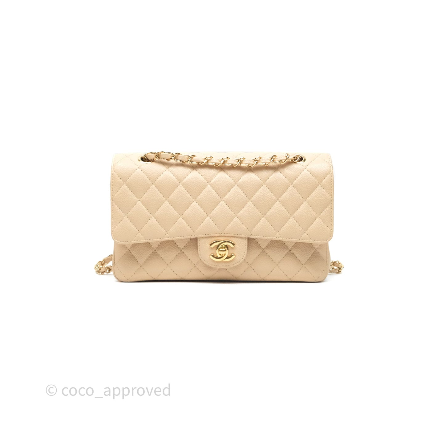 Chanel M/L Medium Classic Flap Quilted Beige Caviar Gold Hardware