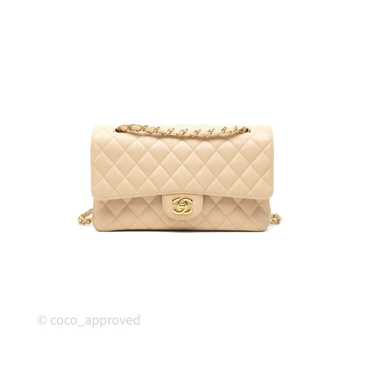 Chanel M/L Medium Classic Flap Quilted Beige Caviar Gold Hardware