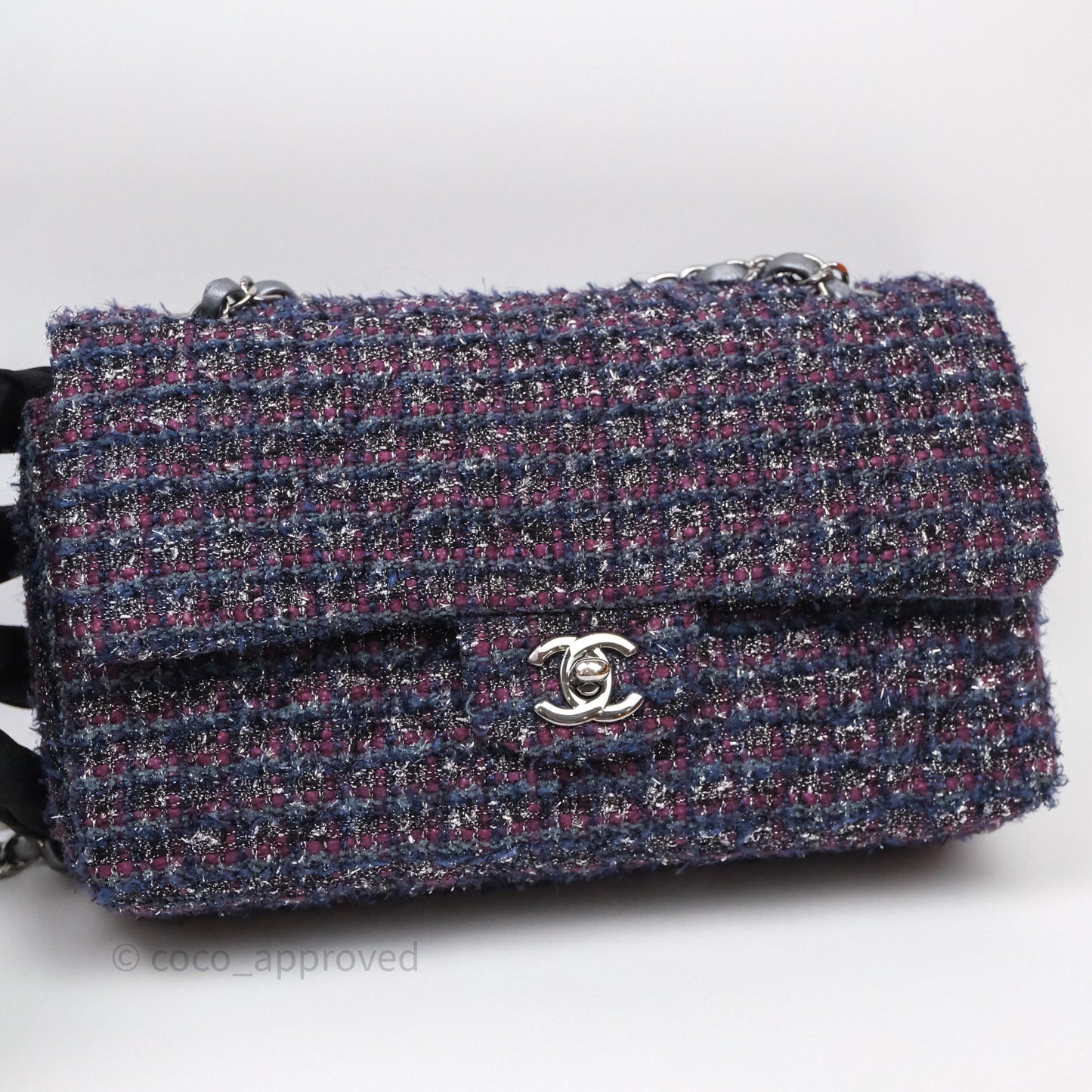 Chanel Classic M/L Medium Double Flap Purple Tweed Glitter Gun Metal