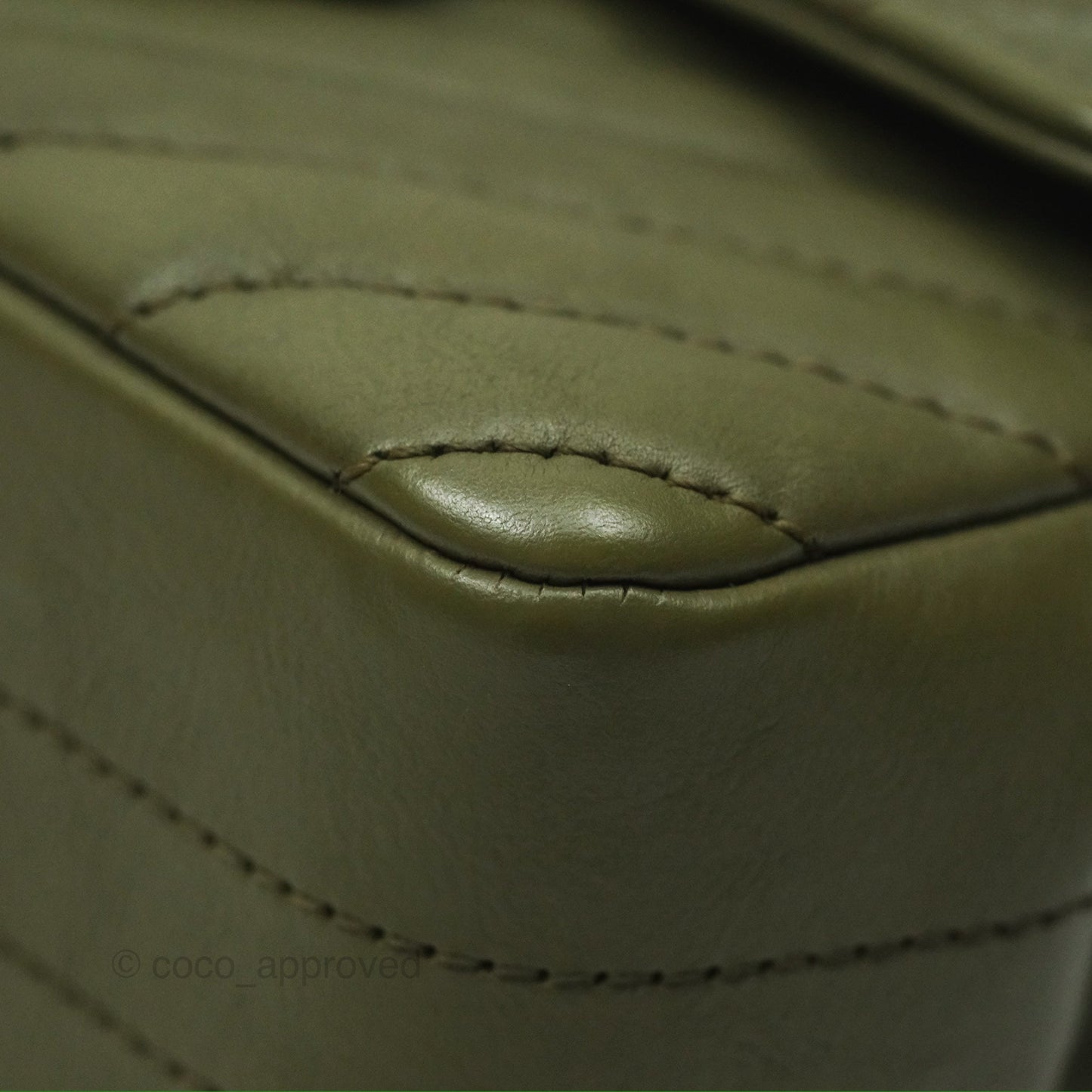 Chanel Mini Square Flap Chevron Olive Green Calfskin Gold Hardware