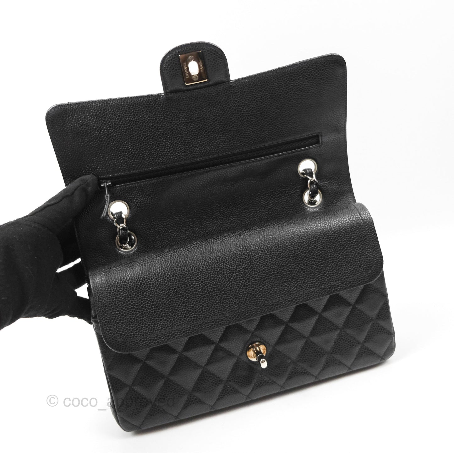 Chanel Classic M/L Medium Flap Quilted Black Caviar Silver Hardware