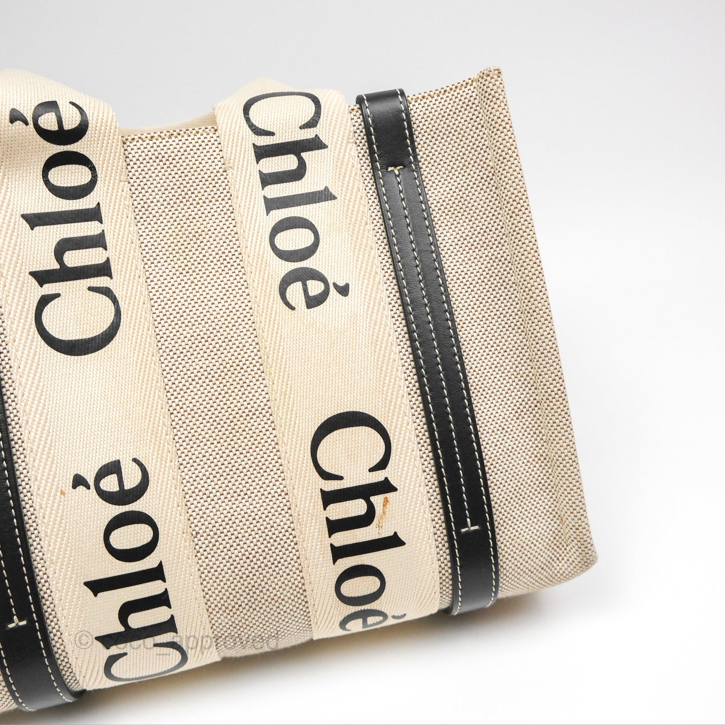Chloe Small Woody Tote Bag Cotton Canvas & Black Calfskin with Woody Ribbon