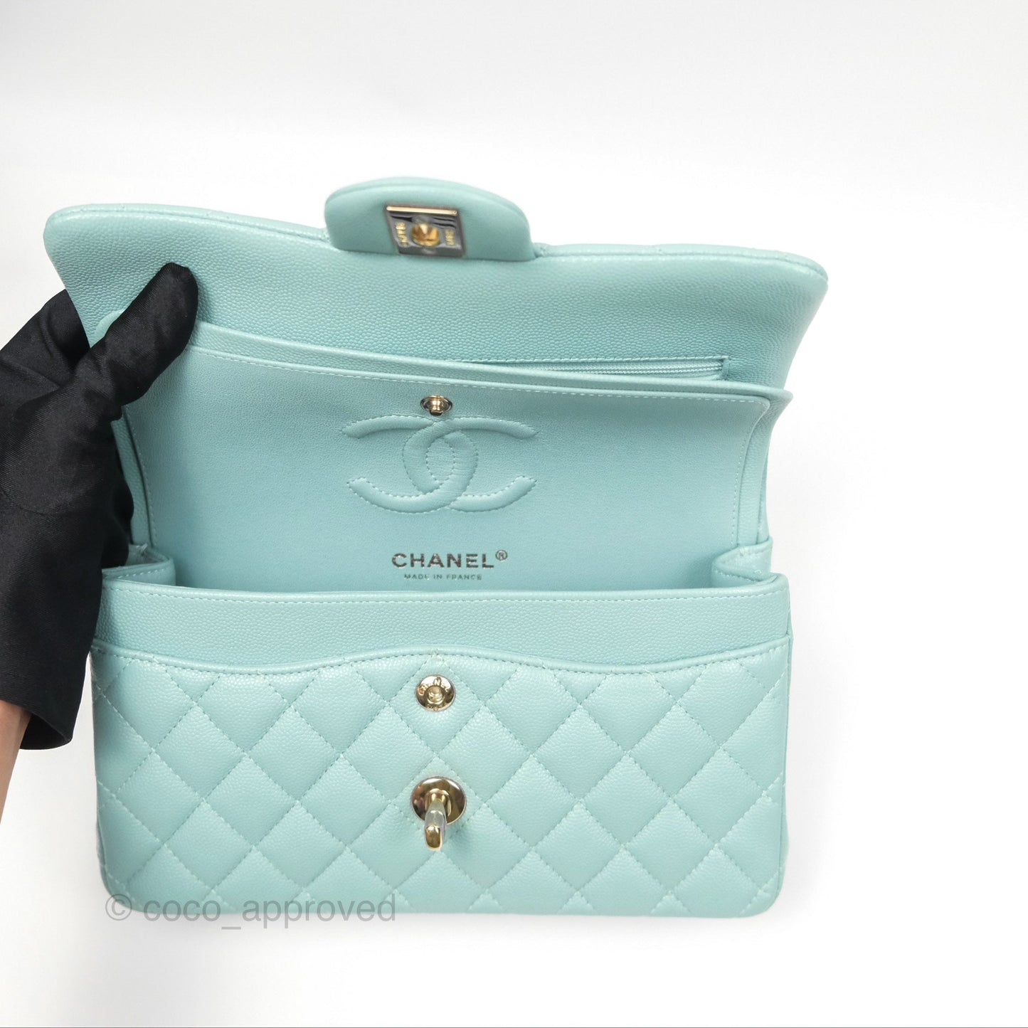 Chanel Small Classic Quilted Flap Tiffany Green Caviar Gold Hardware