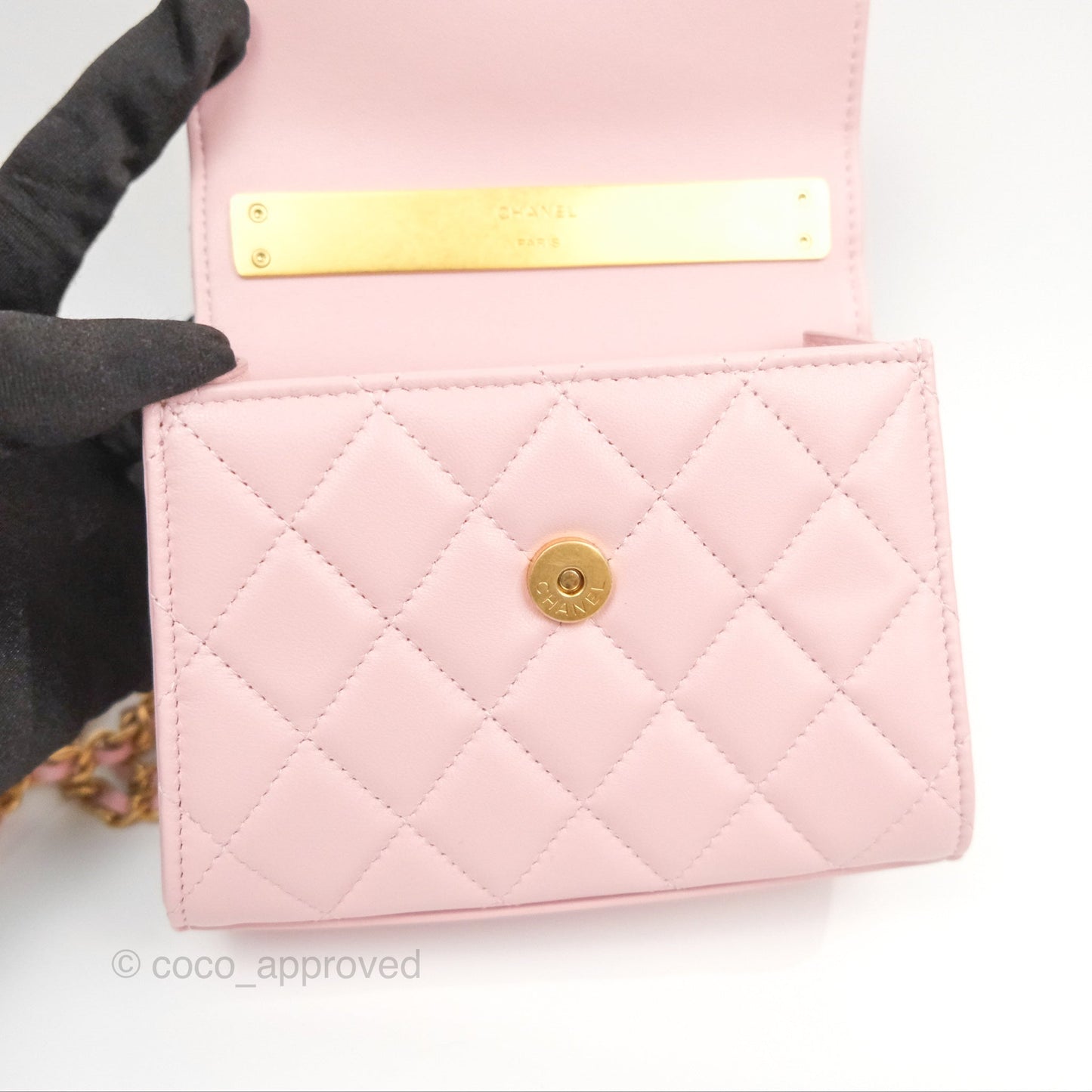 Chanel Enamel Top Handle Clutch with Chain Pink Lambskin Aged Gold Hardware 22B