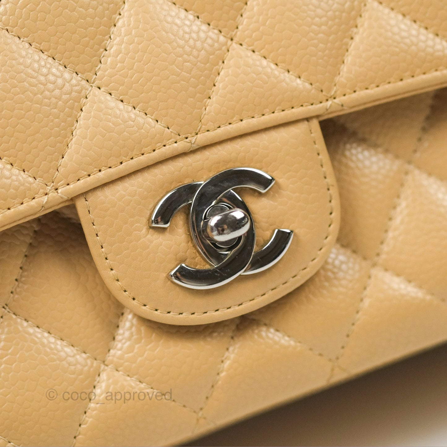 Chanel Classic M/L Medium Flap Quilted Beige Caviar Silver Hardware
