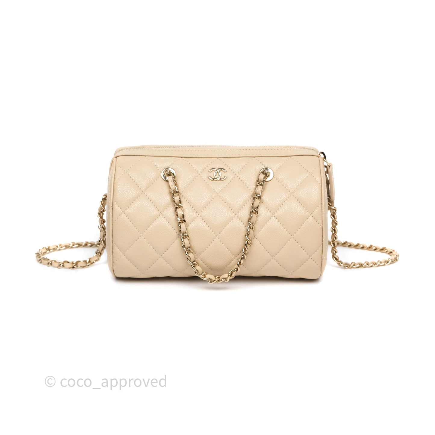 Chanel Mini Quilted Bowling Bag Beige Caviar Gold Hardware 25P