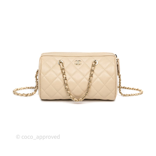 Chanel Mini Quilted Bowling Bag Beige Caviar Gold Hardware 25P
