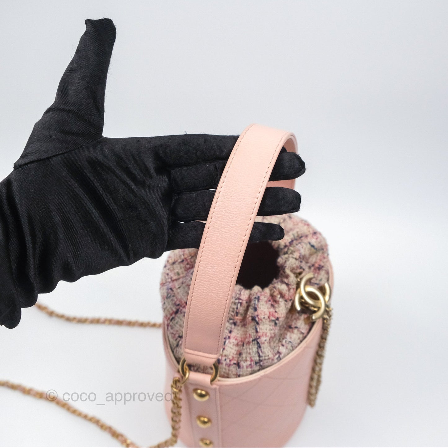 Chanel Quilted Top Handle Drawstring Bucket Bag Calfskin Tweed Pink Aged Gold Hardware