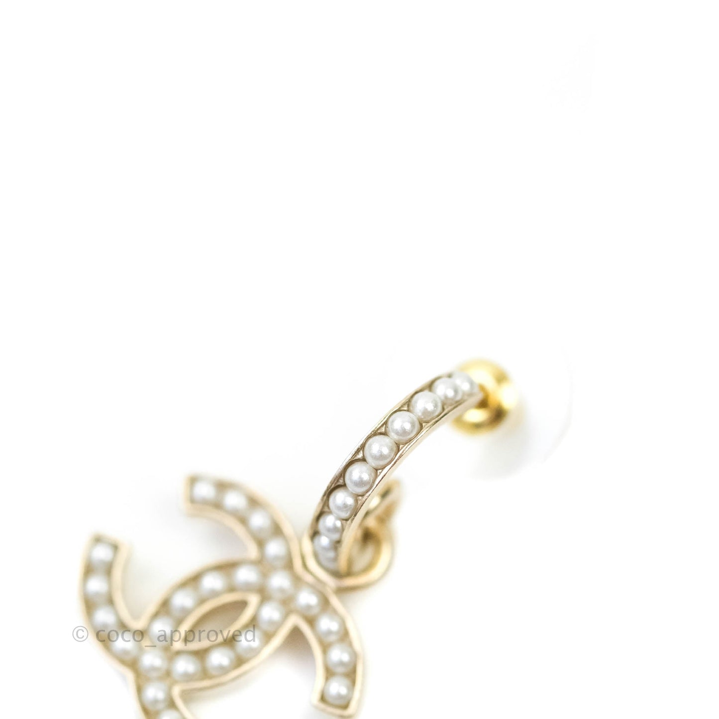 Chanel CC Pearl Hoop Earrings Gold Tone 21P