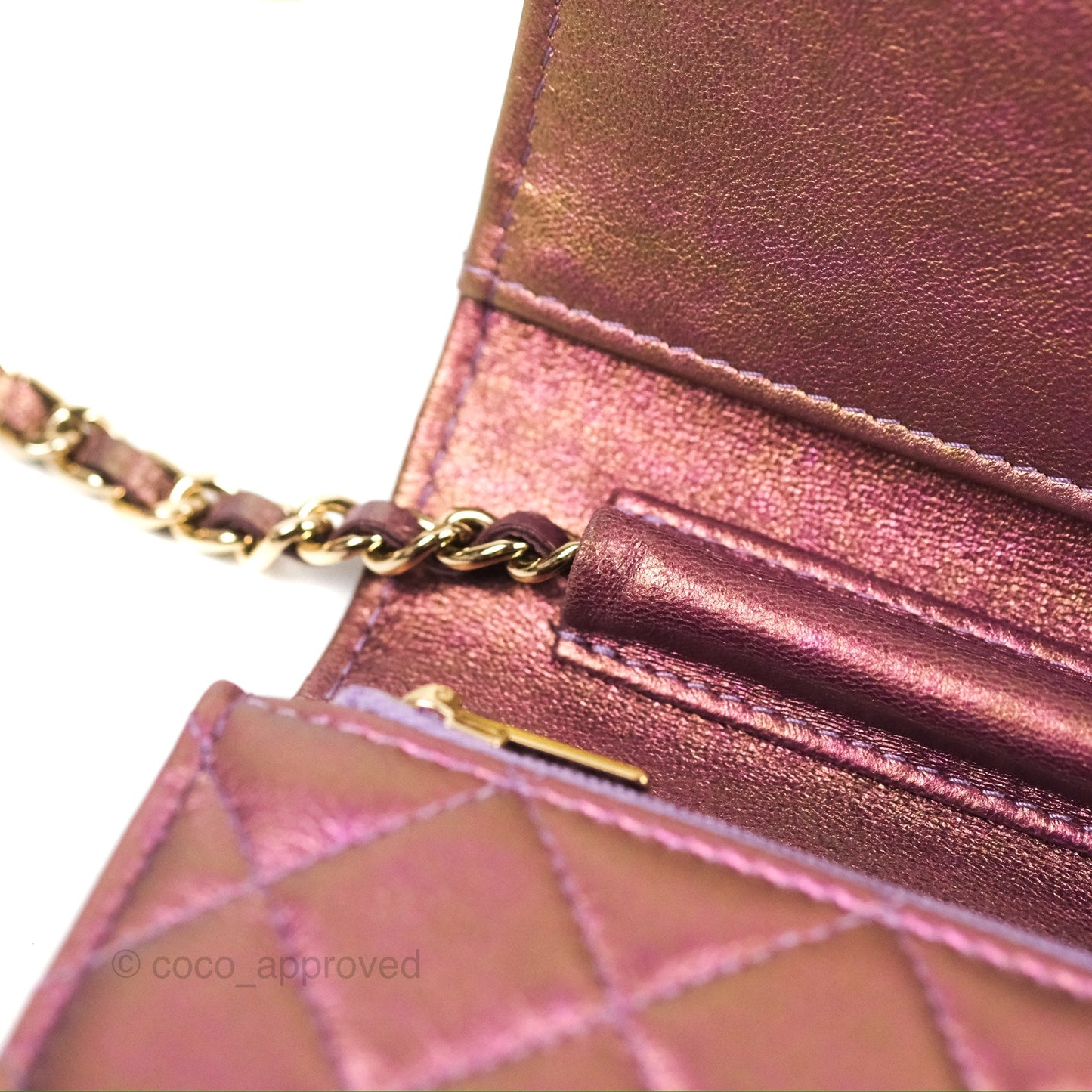 Chanel Quilted Mini Wallet on Chain WOC Iridescent Purple Gold Hardware