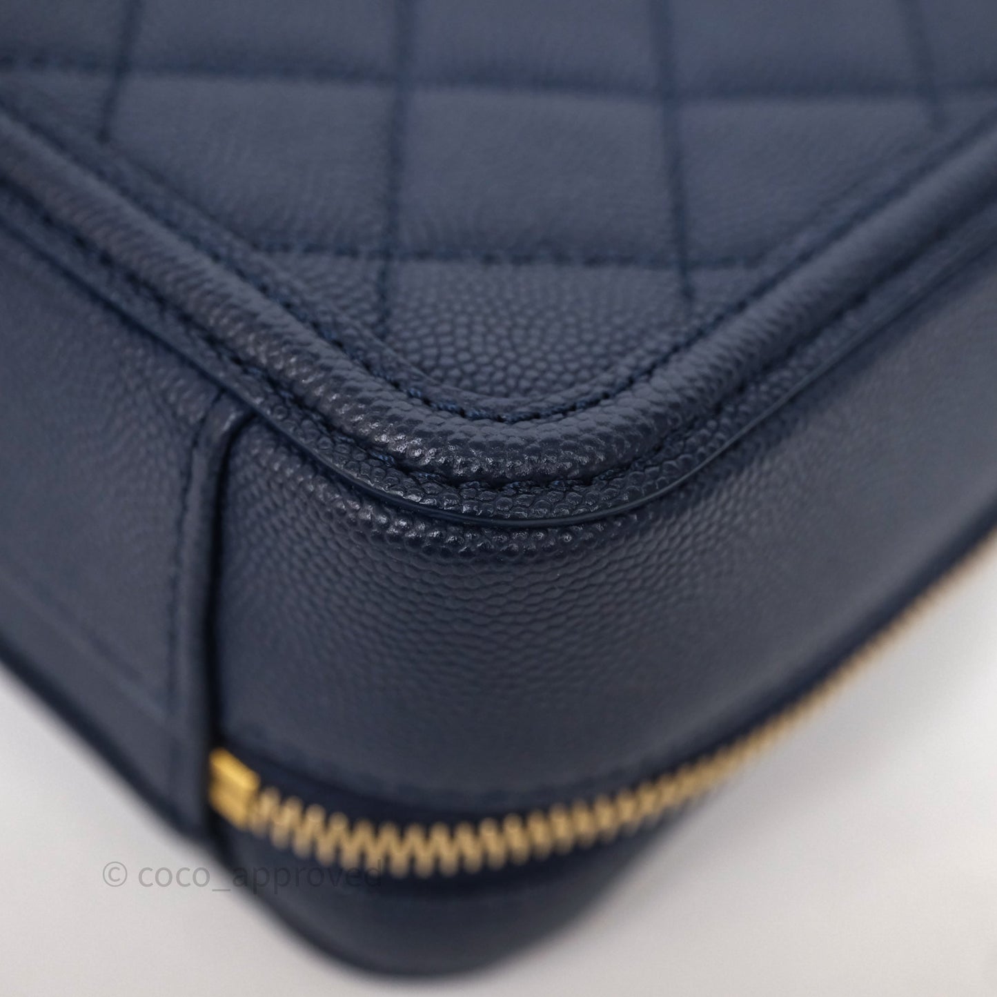 Chanel Quilted Small CC Filigree Vanity Case Navy Caviar Gold Hardware