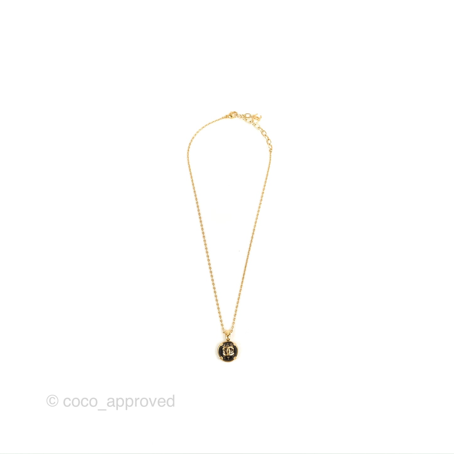Chanel CC Chain Black Round Pendant Necklace Gold Tone 22A