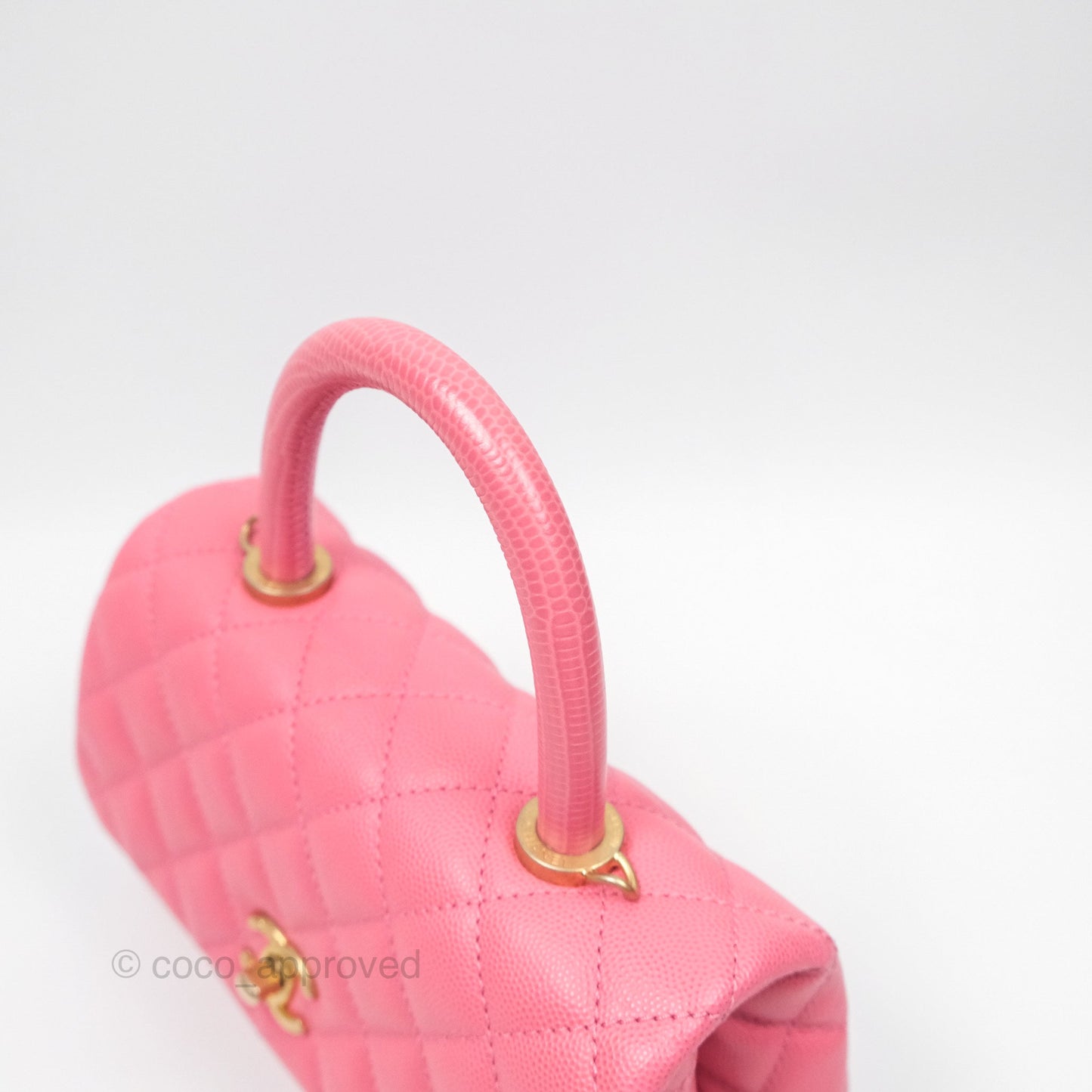 Chanel Small Coco Handle Quilted Pink Caviar Aged Gold Hardware Lizard Handle