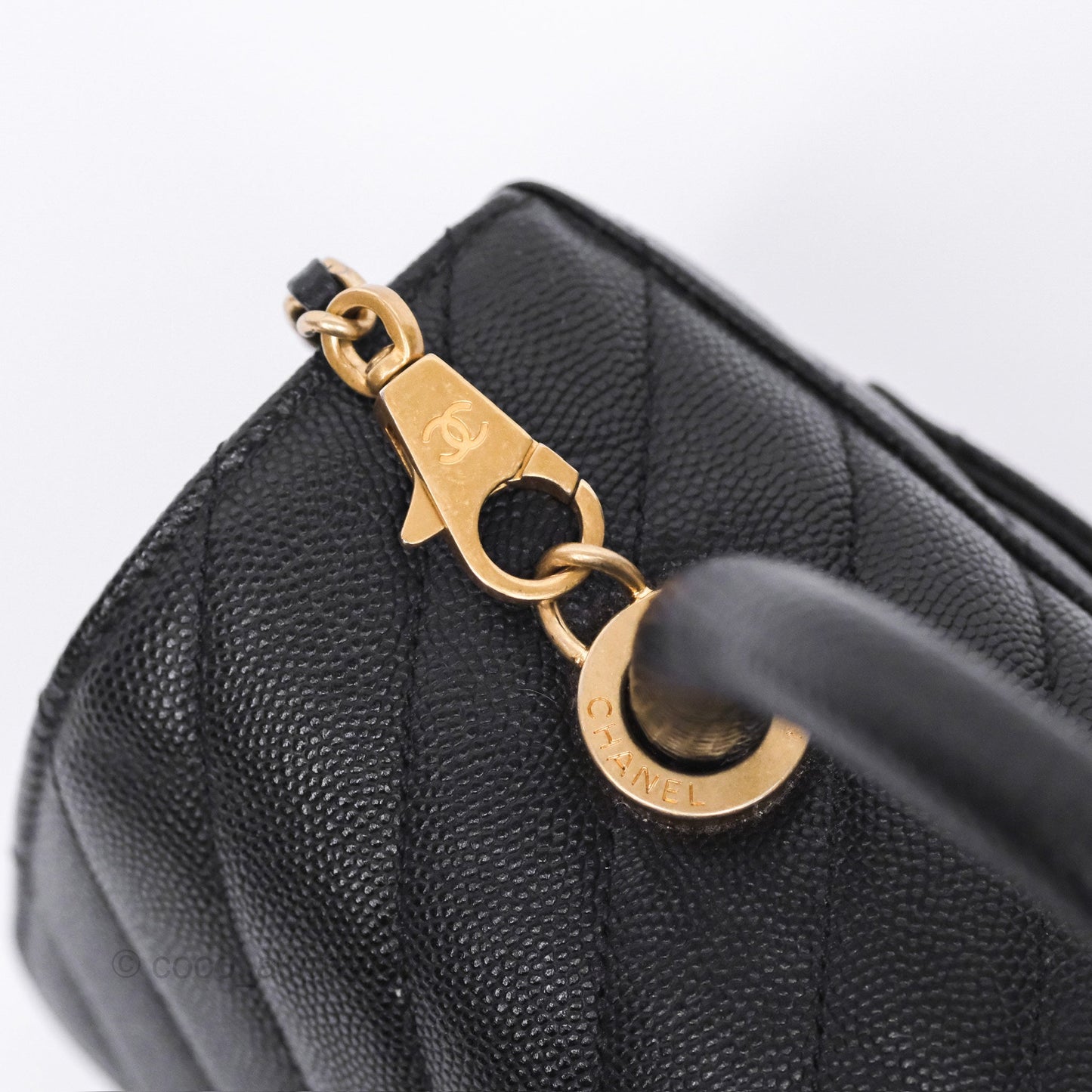 Chanel Small Coco Handle Chevron Black Caviar Aged Gold Hardware Lizard Handle