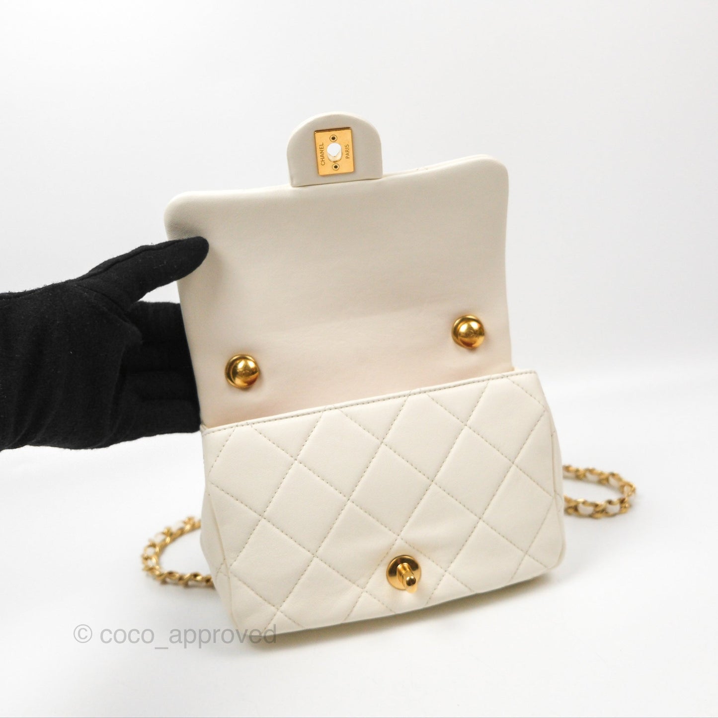 Chanel Quilted Flap Bag With Chanel Logo Top Handle White Calfskin Gold Hardware