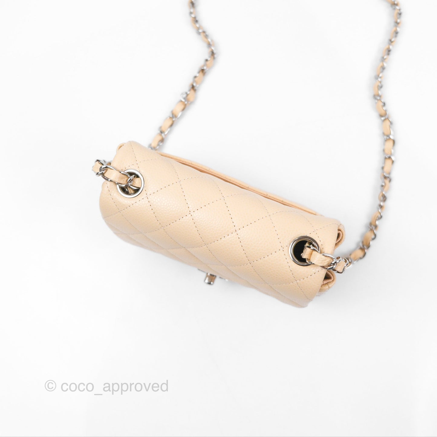 Chanel Quilted Mini Square Flap Light Beige Caviar Silver Hardware