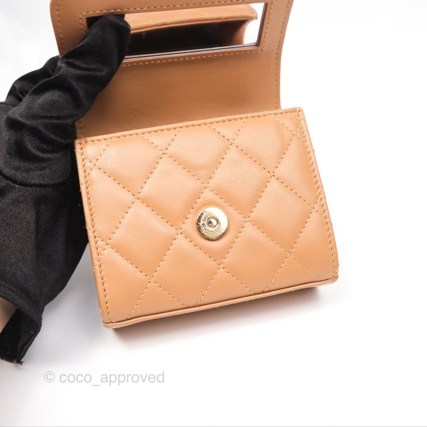 Chanel Mini Handle Clutch With Chain Caramel Lambskin Gold Hardware