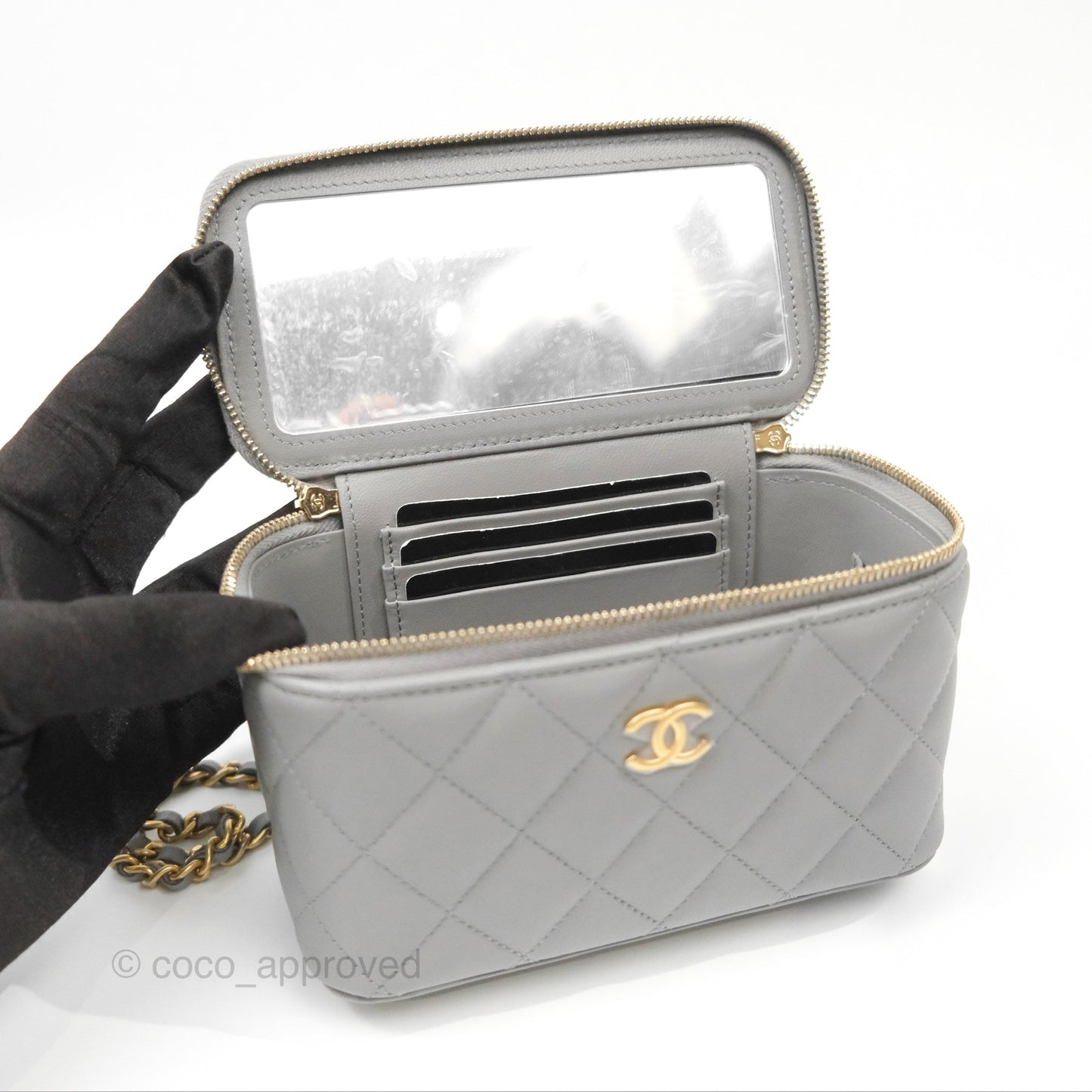 Chanel Vanity Rectangular Metal Top Handle Grey Lambskin Aged Gold Hardware