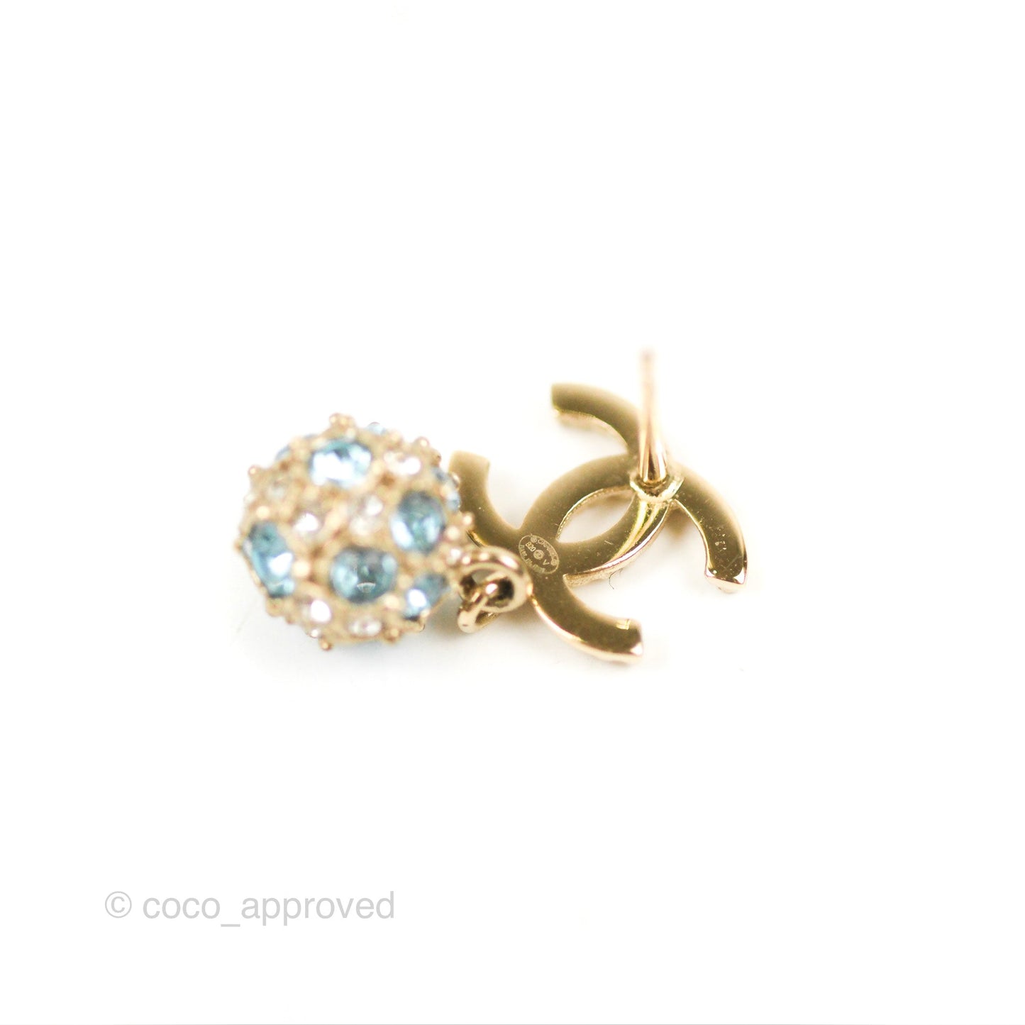 Chanel CC Blue Crystal Drop Earrings Gold Tone 20V