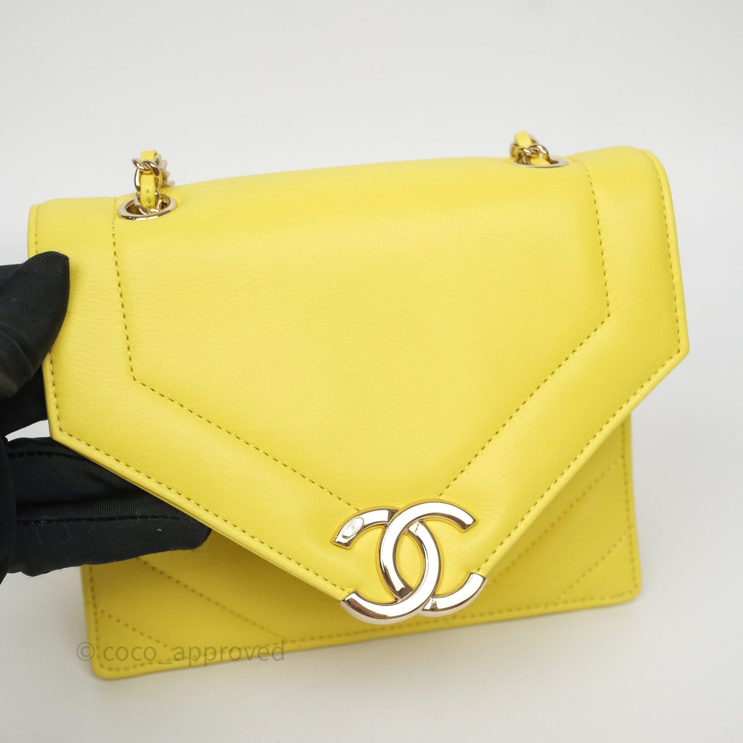 Chanel Chevron Square Envelope Flap Bag Yellow Calfskin Gold Hardware 19C