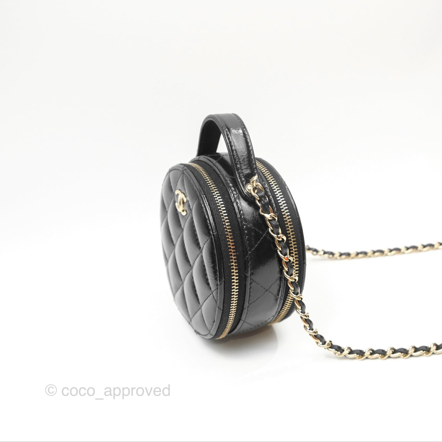 Chanel Mini Round Vanity Bag Handle With Care Black Glazed Lambskin 22C
