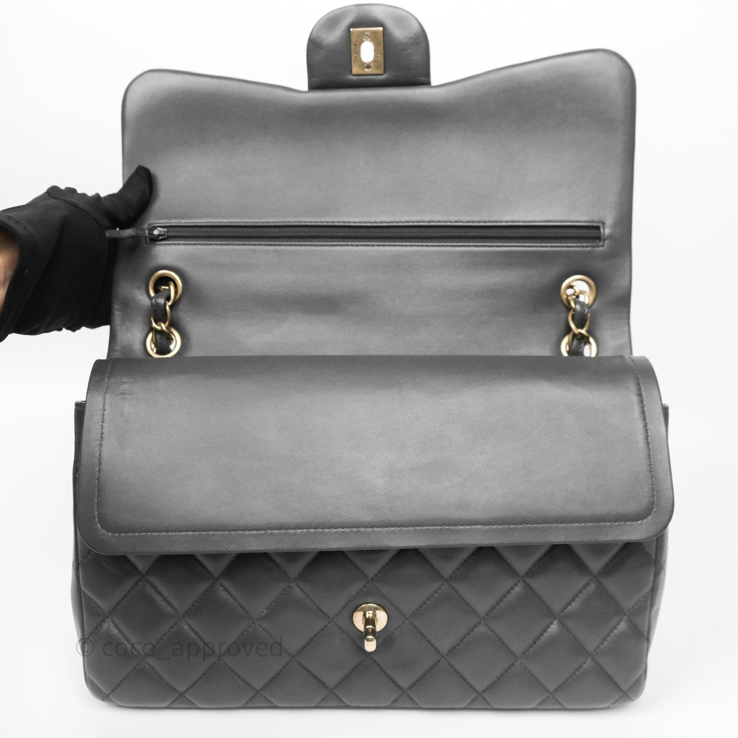 Chanel Jumbo Double Flap Dark Grey Lambskin Brushed Gold Hardware⁣⁣