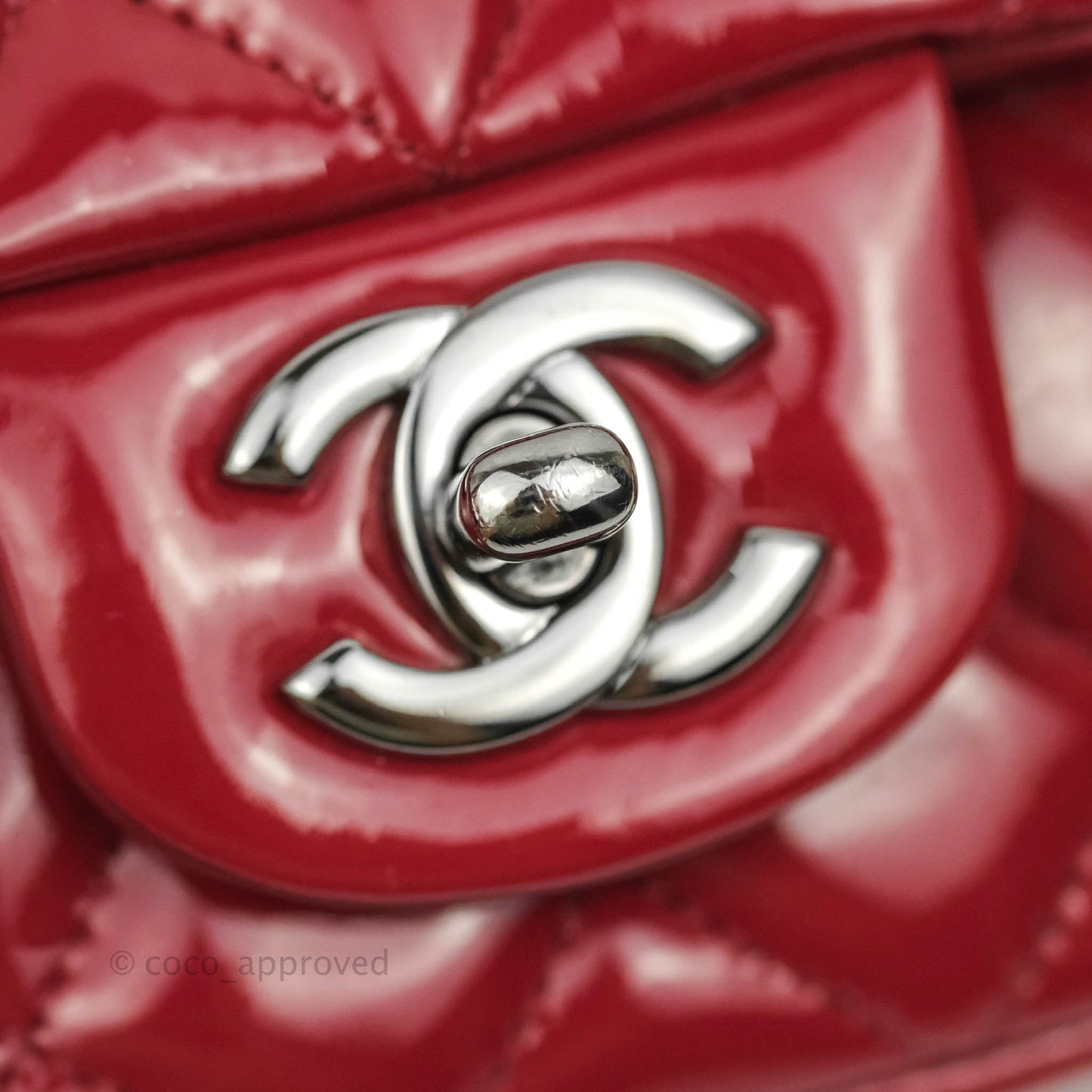 Chanel Quilted Mini Rectangular Flap Red Patent Gun Metal