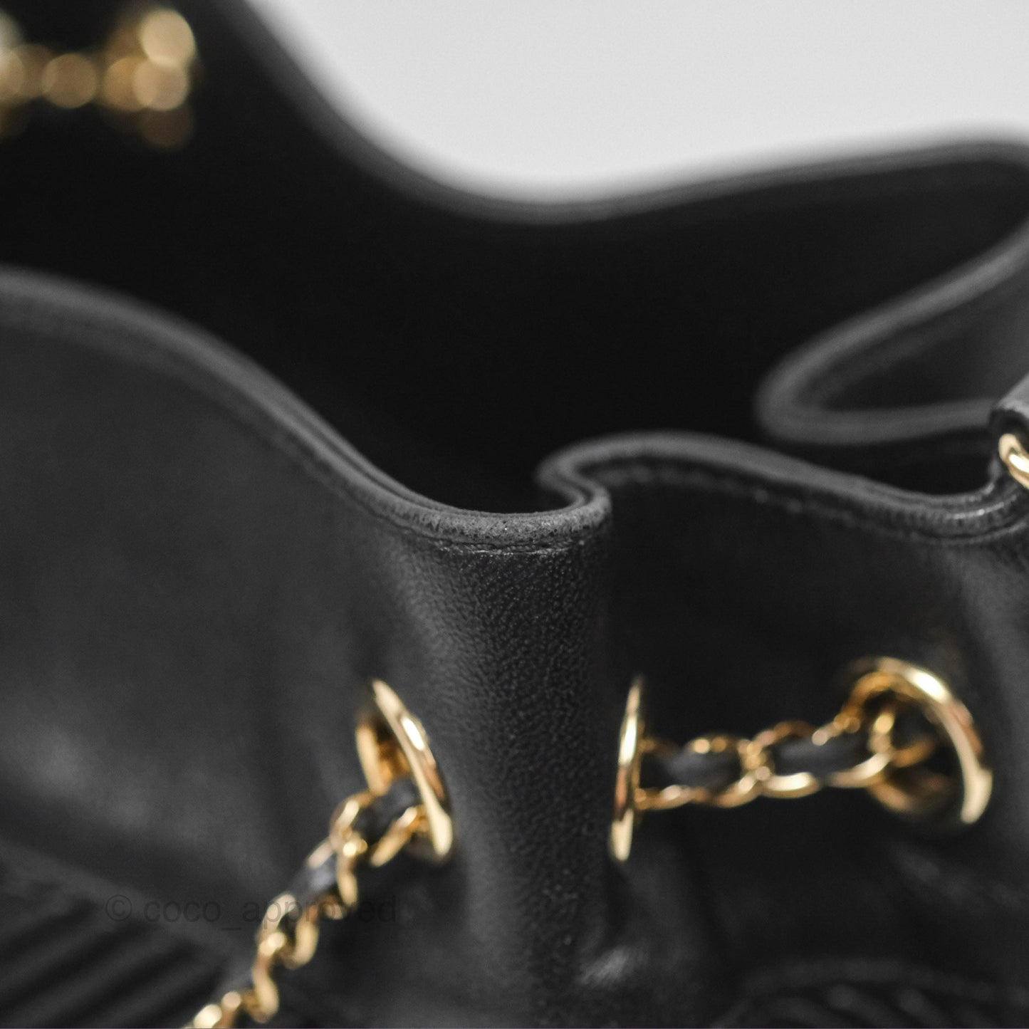 Chanel CC Chain Drawstring Bucket Bag Chevron Black Lambskin Gold Hardware