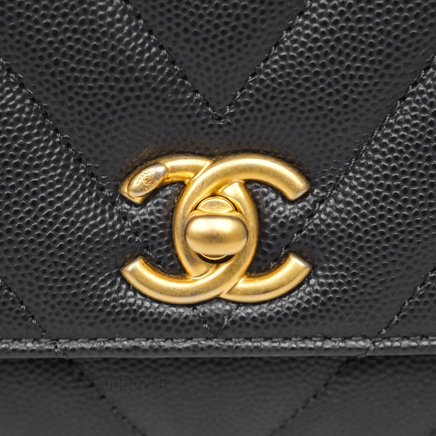 Chanel Small Coco Handle Chevron Dark Grey Caviar Aged Gold Hardware