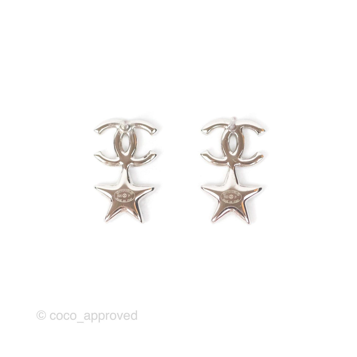 Chanel Crystal CC Star Earrings Silver Tone 20P