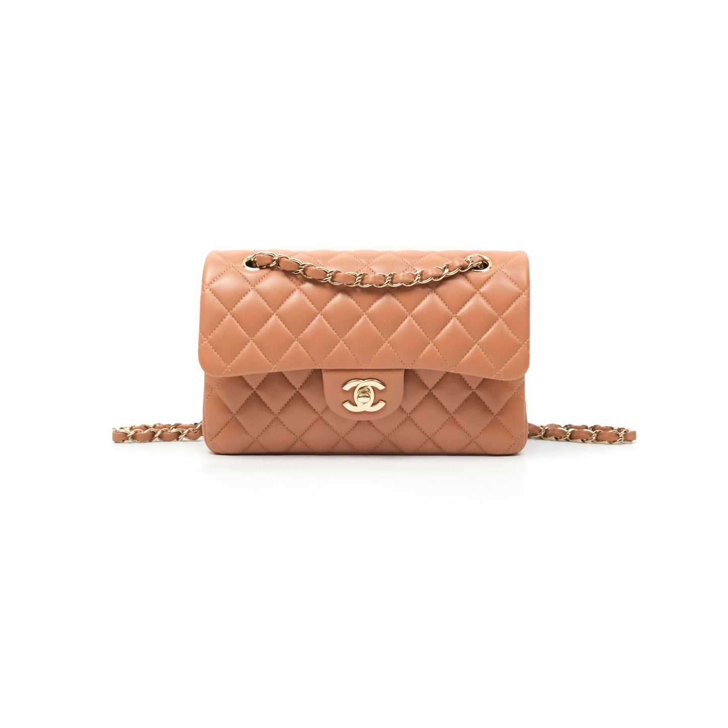 Chanel Small Quilted Classic Flap Dark Caramel Beige Lambskin Gold Hardware