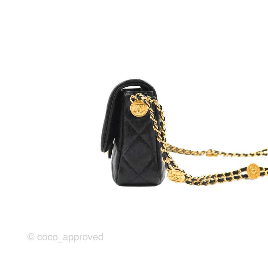Chanel Small Flap with Coin Charm Black Caviar Aged Gold Hardware 22A
