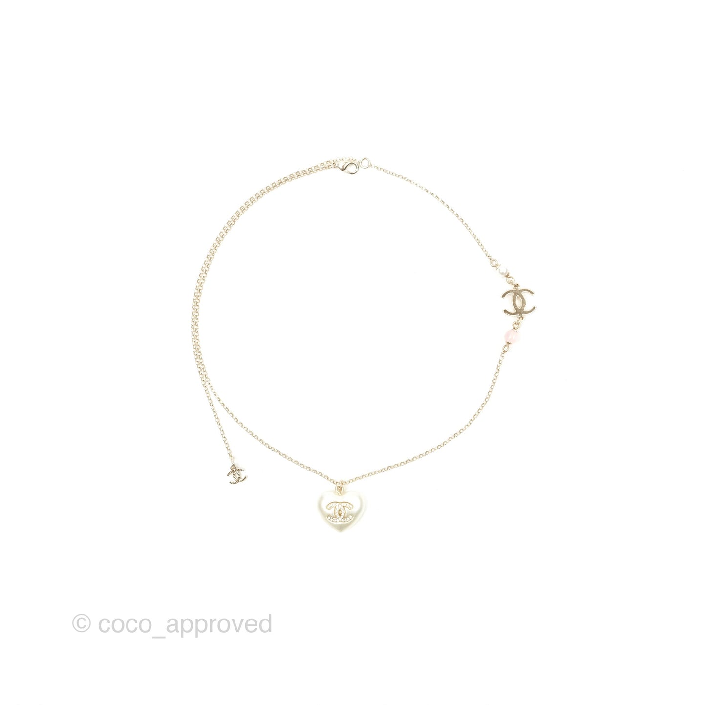 Chanel Heart Pearl CC Necklace Gold Tone 22V