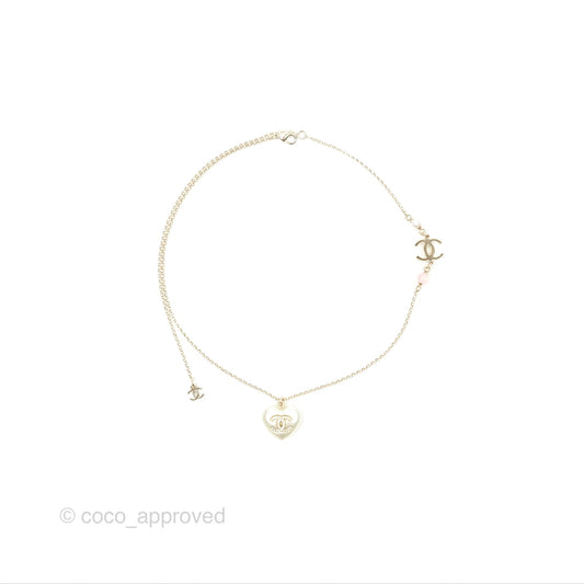 Chanel Heart Pearl CC Necklace Gold Tone 22V