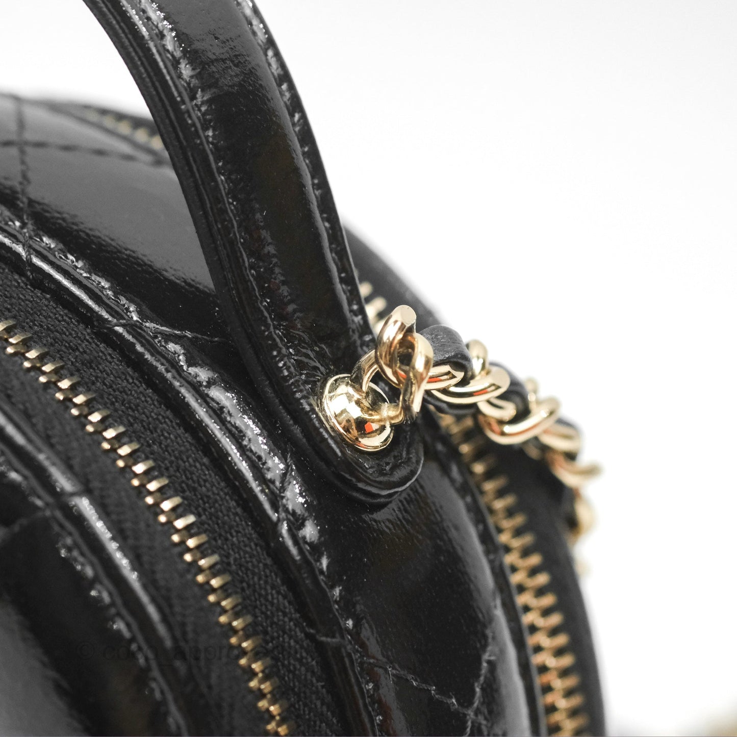 Chanel Mini Round Vanity Bag Handle With Care Black Glazed Lambskin 22C