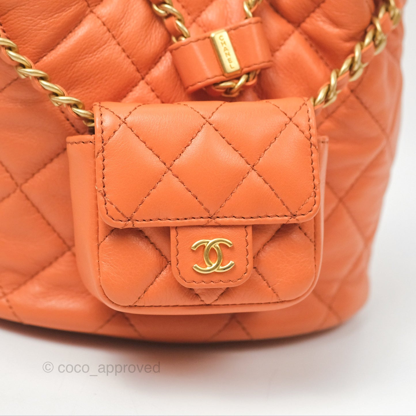 Chanel Small Drawstring Backpack Orange Calfskin Aged Gold Hardware 23A