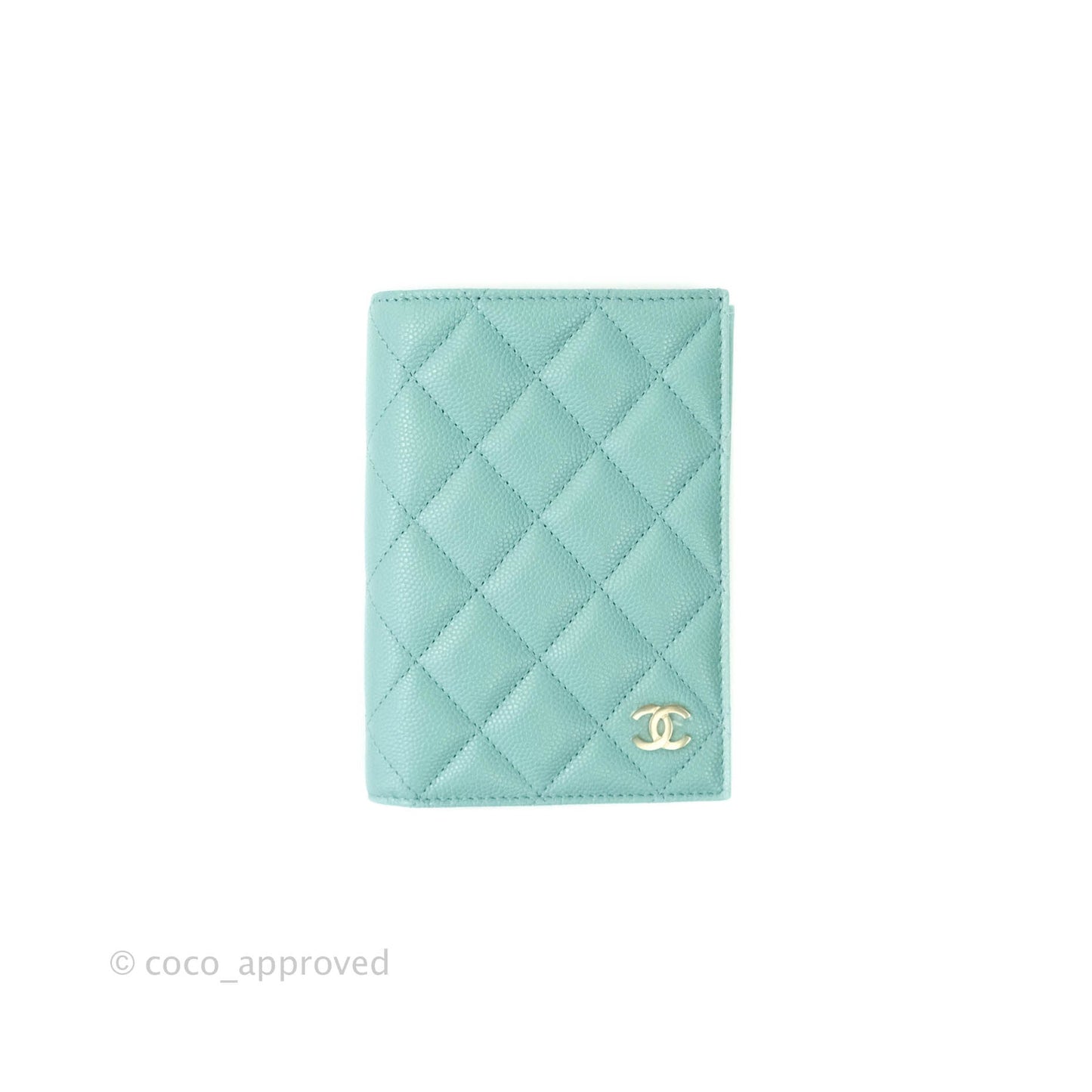 Chanel Quilted Caviar Mint Passport Holder Gold Hardware