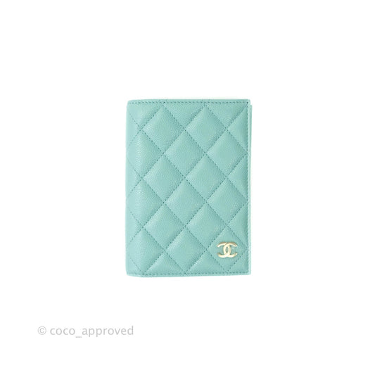 Chanel Quilted Caviar Mint Passport Holder Gold Hardware