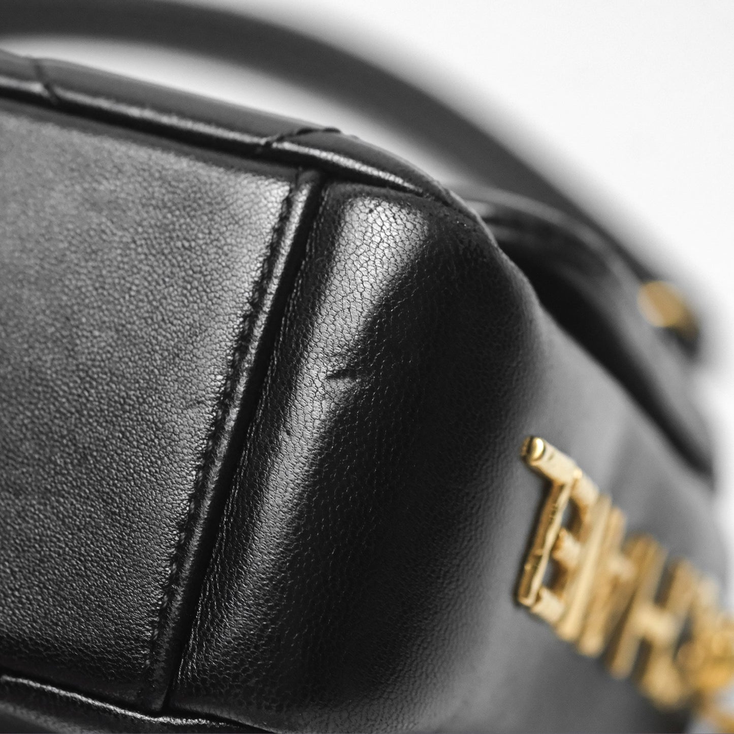 Chanel Logo Mini Square Flap Bag Black Lambskin Aged Gold Hardware 21B