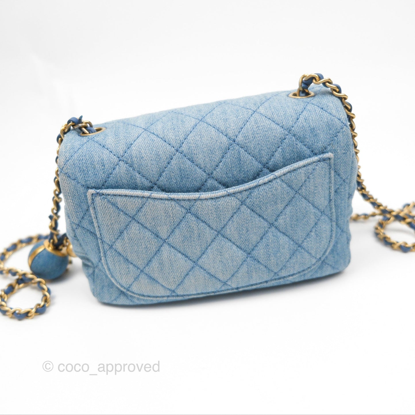 Chanel Mini Square Pearl Crush Quilted Denim Aged Gold Hardware