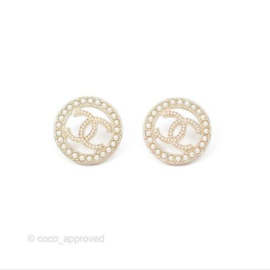 Chanel Pearl CC Round Earrings Gold Tone 17A