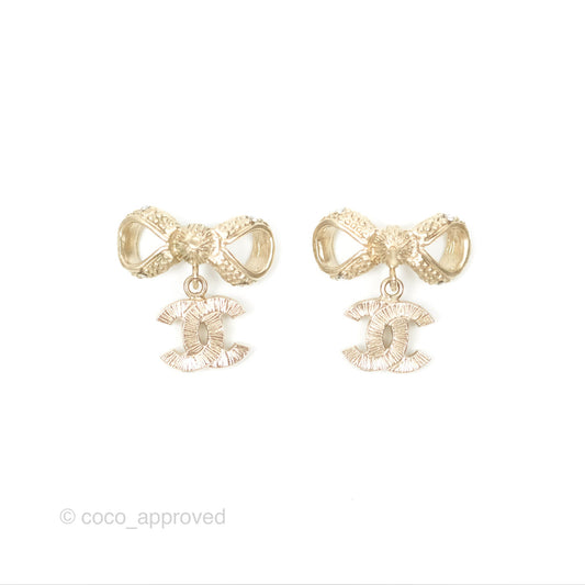 Chanel Crystal CC Bow Knot Earrings Gold Tone