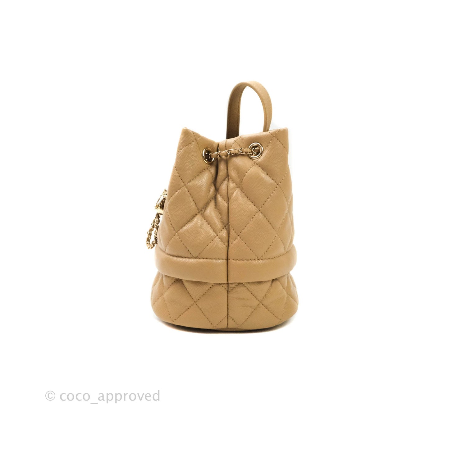 Chanel Caviar Quilted Rolled Up Bucket Drawstring Bag Beige Gold Hardware